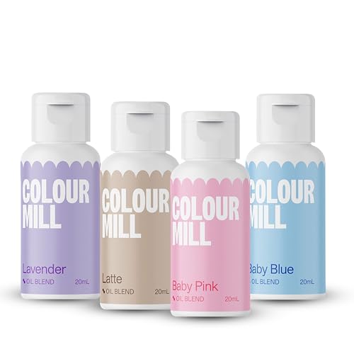 Colour Mill Lebensmittelfarbe pastell Set 4 x 20ml Ölbasiert (Baby Blue Baby Pink Latte Lavender) UV-beständig Perfekt für Backen & als Backzubehör für Torten Muffins & Tortendeko