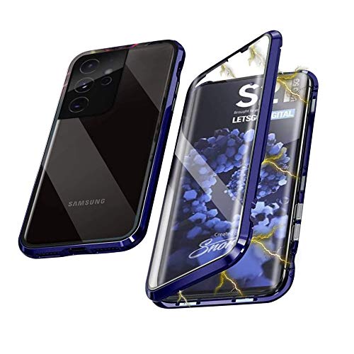 Hülle Kompatibel mit Samsung Galaxy S21 Ultra(6.8") 5G Magnetische Handyhülle,Metallrahmen 360 Grad Schutzhülle Vorne und Hinten Gehärtetes Glas Magnet Case Panzerglas Doppelseitige hülle,Blau