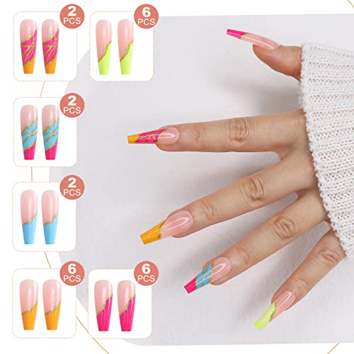 Kikmoya Pink Fake Nails Extra Long Rainbow Color Coffin Press On Nail Tips With Gold Wave Nails 24Pcs Glossy Artificial False Nails Manicure Set Acrylic Nails For Women And Girls (Pink Color Rainbow) #TOP3