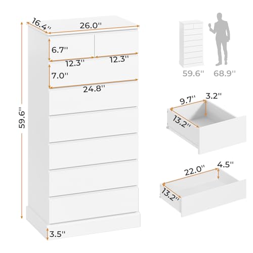 Hasuit White Tall Dresser for Bedroom, 59.6'' High 8 Drawer Dresser, Modern Chest of Drawers Storage Organizer for Closet, Taller Clothes Storage Tower with Ample Storage Space