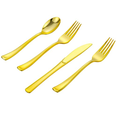 ISFANGCO 400PCS Gold Plastic Silverware Gold Disposable Utensils Heavy Duty Cutlery Set Includes 200 Forks 100 Knives 100 Spoons Flatware for Party Wedding