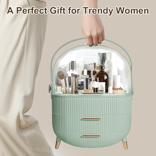 Image of Makeup Organizer for Vanity, Large Capacity Skincare Cosmetic Organizer Countertop with 2 Drawers, Cosmetic Display Cases Makeup Storage Box for Bedroom, Bathroom, Ideal Gifts for Women(Green)