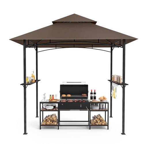 GVDV Pérgola para Barbacoa 2,4 × 1,5 m – Cubierta Impermeable con Techo Doble, Estantes Laterales, 10 Ganchos y Abrebotellas – Gazebo para Jardín, Terraza o Camping, Marrón