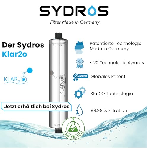 Sydros Optimus 6-Stufen-Wasserfilter filtert zu 99% Nanoplastik & PFAS, reduziert Kalk Chlor & 500+ Schadstoffe Schwermetall Reduktion Chemiefrei Edelstahl Wartungsarm