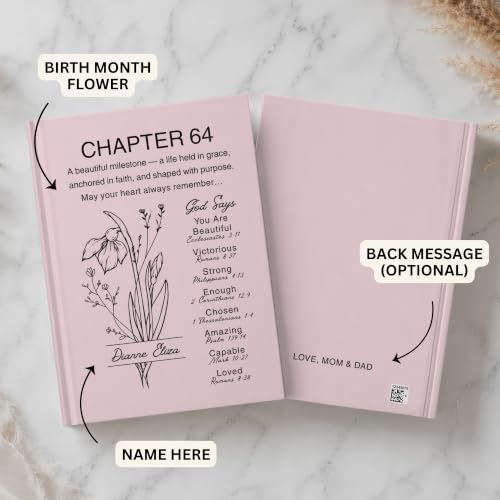 Personalized 64th Birthday Journal, Christian Faith Gift, Custom Name Birth Flower Notebook, Hardcover Floral Diary, 64th Birthday Keepsake for Mom, Dad, Wife, Husband, Grandma, Grandpa, Sister, Brother, Friend - VERSE64_1 - Image 3