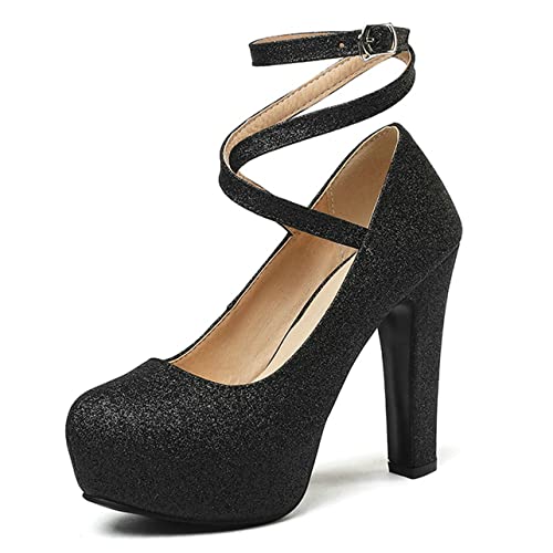 UniqueStride Womens Hidden Platform Block High Heel Sequin Glitter Pumps Chunky Heels Cross Strap Round Toe Wedding Bridal Party Shoes