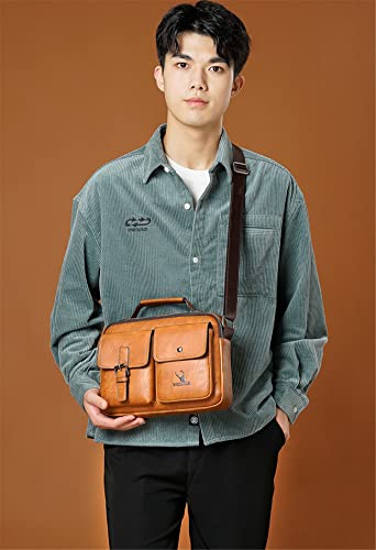WEIXIER Bolsa de mão masculina de couro, bolsos duplos, bolsas de ombro para homens, Marrom claro, M
