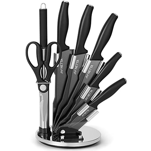NETTA Kitchen Knife Set with Block - 7 Piece Stainless Steel - Premium Kitchen Set with Clear Storage Block, 5 Knives, Scissors, Knife Sharpener - Black