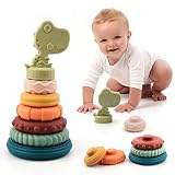 Fuwane 7Pcs Dinosaur Baby Stacking Toys, Nesting Circle Toy Soft Building Rings Stacker & Teethers S
