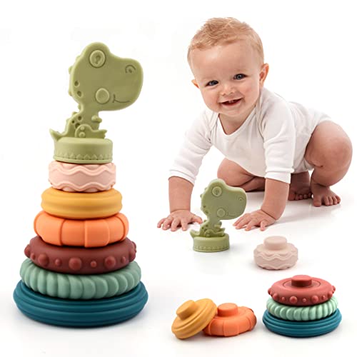 Fuwane 7Pcs Dinosaur Baby Stacking Toys, Nesting Circle Toy Soft Building Rings Stacker & Teethers Squeeze Play With Early Educational Toy For 6 9 12 15 18 Months Baby Toddler Boy Girl Gifts #TOP9