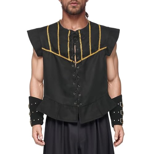 Bpurb Chaleco Hombres Steampunk Vikingo Pirata Sin Mangas Cordón Retro Vintage Renacimiento Medieval Disfraz De Victoriano, Negro, X-Small