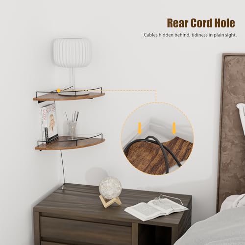 FNBAR Corner Floating Shelves, Rustic Brown Wood, Set of 2, Wall Mount Storage with Guardrail for Bathroom Kitchen Living Room