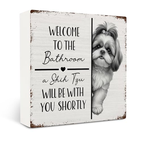 OVAcational Shih Tzu Bathroom Wooden Box Sign Decor Shih Tzu Dog Lover Gifts Welcome to the Bathroom Dog Wood Block Sign for Washroom Restroom Counter Shelf Wall Decorations 5x5 Inch