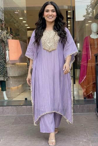 Image of GoSriKi Fendy Glass Embroidered A-Line Kurta with Palazzo for Women | Fendy Glass Grey | Kaftan Sleeve | Round Neck | Ethnic Wear Casual Wear