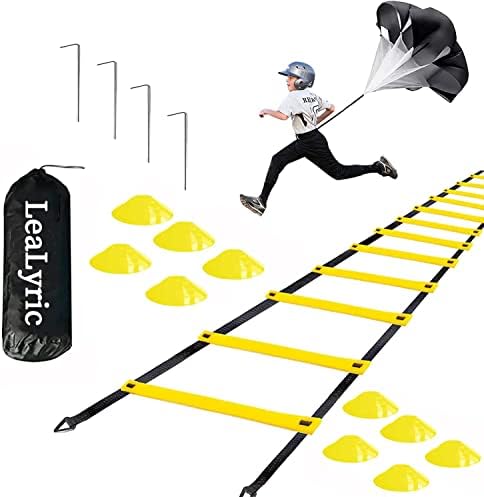 Lealyric Agility Ladder Speed Training Equipment, 12 Rung Agility Ladder, Resistance Parachute for Speed Training and Cones, 4 Steel Stakes & 2 Carry Bag -Vibrant Yellow1