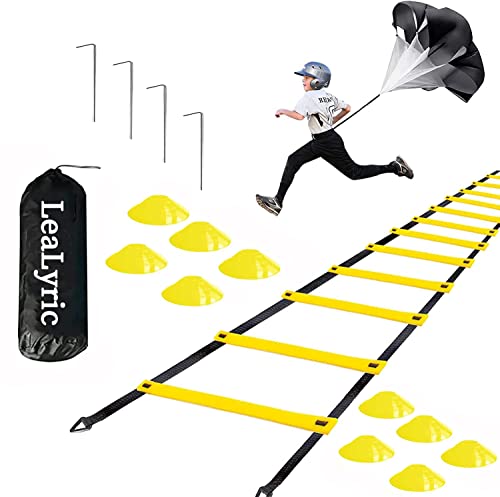 Lealyric Agility Ladder Speed Training Equipment, 12 Rung Agility Ladder, Resistance Parachute For Speed Training And Cones, 4 Steel Stakes & 2 Carry Bag -Vibrant Yellow1 #TOP29