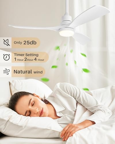 Image of 52 Inch Ceiling Fans with Lights Remote, White Ceiling Fans 3-Color Light, Timer, ETL Listed, 3 Downrods, 3 Blades, 6 Speed Modern Fan Quiet Reversible DC Motor for Patio Outdoor,52in,White