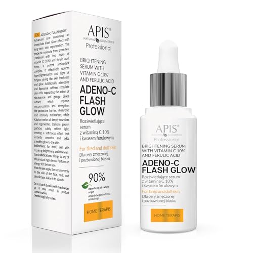 APIS Adeno-C Flash Glow Sérum éclaircissant pour le visage 30 ml avec vitamine C, acide férulique et acide hyaluronique – Soin antioxydant, hydratant, réduction des taches pigmentaires, brillance