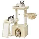 Feandrea Arbre à Chat, Tour pour Chat avec Poteaux à Griffer et Rampe, 2 Grandes Plateformes, Niche, Panier, 85,8 cm de Haut, Beige Sable PCT013LF01