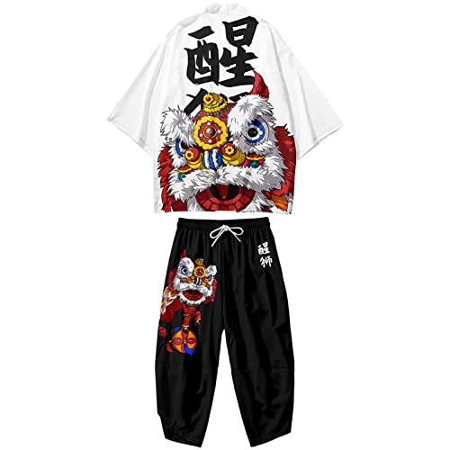 WYUKN Conjunto de Kimono Tradicional,Hombre Mujer Chaqueta Kimono Cárdigan,Pantalones Harem Conjunto de Manga 3/4 -Traje Calle Deportivo con Samurái Japonés,B-M Cover