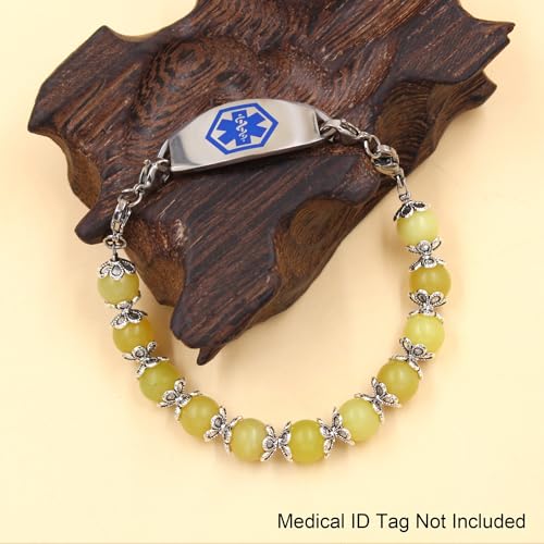 Bracelet alerte médicale réglable à double usage avec perles naturelles 8mm