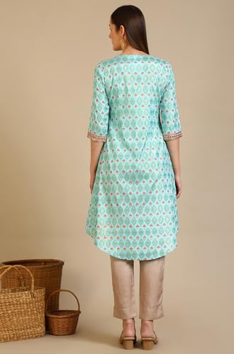 Image of Aurelia Women's Blue Floral Printed Shantung A-line Kurta