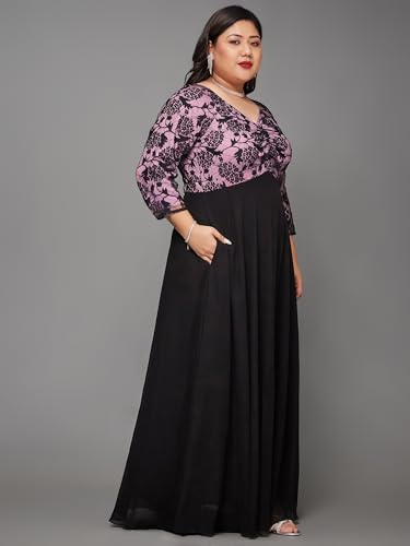 Image of Miss Chase A+ Women's Floral Printed Relaxed Fit V -Neck 3 /4Th Sleeve Georgette Maxi Dress