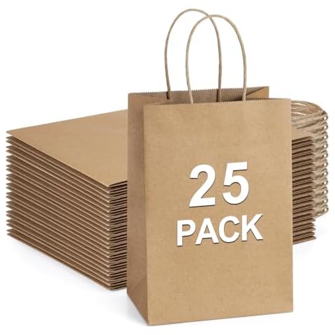 BagDream Kraft Paper Bags 25Pcs 5.25x3x8 Inches Small Paper Gift Bags with Handles Party Favor Bags Shopping Bags Brown Gift Bags Paper Sacks Cover