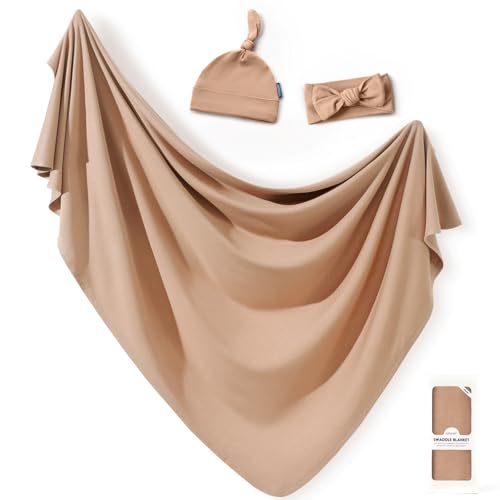 Image of GRSSDER Newborn Swaddle Blanket, Ultra Soft Jersey Receiving Blanket with Matching Headband and Beanie Set 33×44", Stretchy Baby Neutral Swaddle Wrap for Girls and Boys
