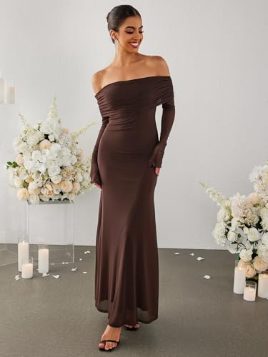 KUTUMAI Women Off Shoulder Bodycon Maxi Dress Long Sleeve Mesh Ruched Party Formal Wedding Guest Dresses2