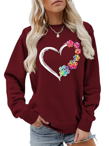 Image of DINGJIUYAN Sweatshirts for Women UK Love Heart Print Fall Winter Long Sleeve Pullover Round Neck Plain Tunic Tops Casual Loose Cute Sweatshirt Red XXL
