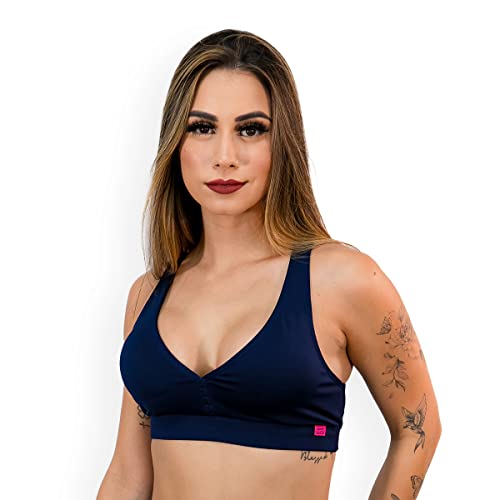 Top Fitness Feminino Costas Nadador Com Bojo Removível Cor:Azul marinho;Tamanho:M