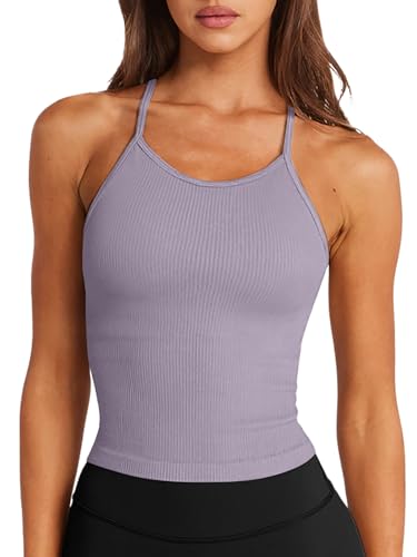 Image of LASLULU Womens Sports Bra Seamless Long Tank Spaghetti Strap Workout Bra