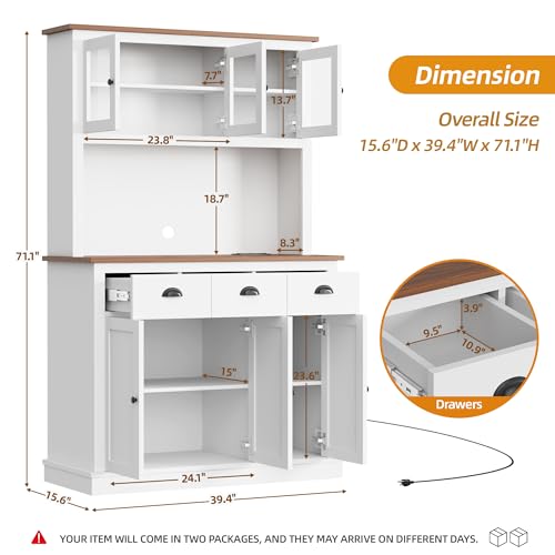 Image of 71 inch Kitchen Hutch with Charging Station and Microwave Stand, White