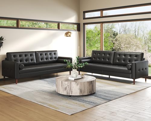 AMERLIFE Mid Century Genuine Leather Couch, 2 Piece 3 Seater