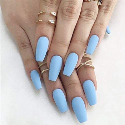 Fstrend 24Pcs False Nails Matte Full Cover Medium Ballerina Coffin Natural Blue Acrylic Fake Nails Punk Christmas Party Prom Clip on Nail for Women and Girls