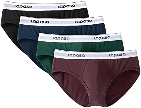 LAPASA Men's Briefs 4 Pack Cotton Underwear Stretch Ergonomic Bulge Pouch Underpants No Fly M04, S, Black, Navy, Dark Green, Wine Red