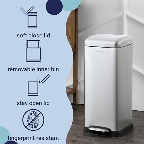 Image of happimess Betty 8 Gal Step Trash Can Soft-Close Lid, Platinum Silver | Fingerprint Resistant, Removable Liner, Semi-Rectangular, Steel Pedal, Iron Powder Coated, 27 inch Height, Non-Skid Base
