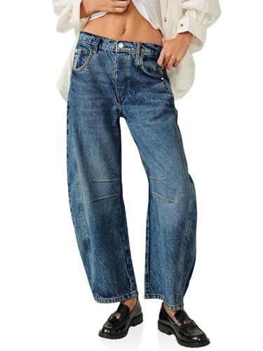Womens Baggy Boyfriend Jeans Vintage Wide Leg Mid Rise Barrel Denim Ankle Pants Cropped Jeans