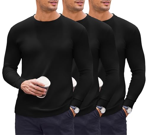 Ekouaer Camiseta Termica Hombre Ligero Camisa Manga Larga, Negro 3 Piezas, XXXL