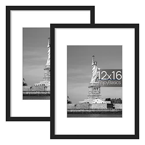 Enjoybasics 12X16 Picture Frame, Display Poster 9X12 With Mat Or 12 X 16 Without Mat, Wall Gallery Photo Frames, Black, 2 Pack #TOP2
