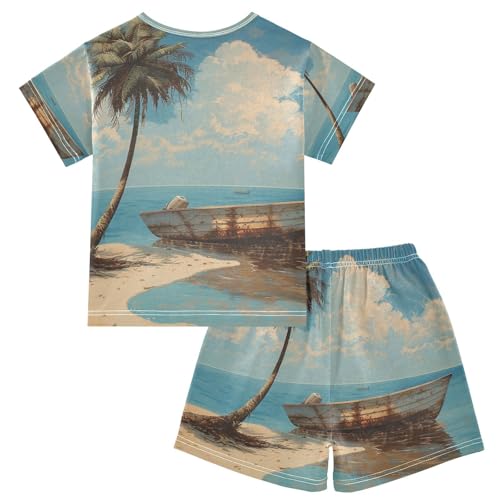 ALAZA Vintage Topical Tree Boat Beach Pajama Set Short Sleeve Sleepwear Soft Lounge Nightwear2