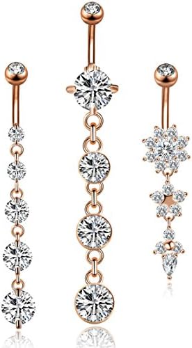 YOVORO 3PCS 14G 316L Stainless Steel Belly Button Rings for Women Navel Rings Barbell Dangle Flower CZ Body Piercing RSG