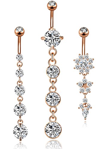 YOVORO 3PCS 14G 316L Stainless Steel Belly Button Rings for Women Navel Rings Barbell Dangle Flower CZ Body Piercing RSG