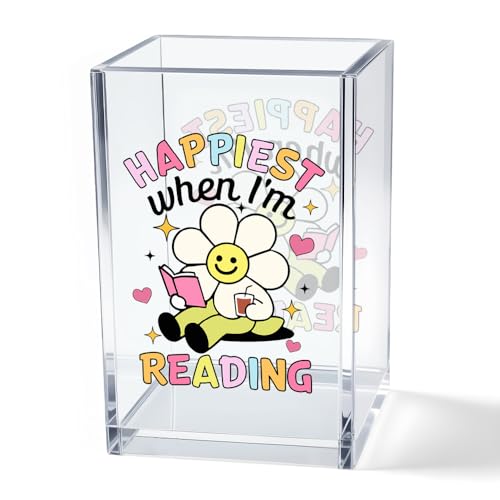 Image of Happiest When I'm Reading Acrylic Cosmetic Pencil Pen Holder Cup, Boho Bookish Desk Organizer Accessories, Bookworm Gifts, Book Lover Gifts for Women Girl Book Club Member Daughter Student