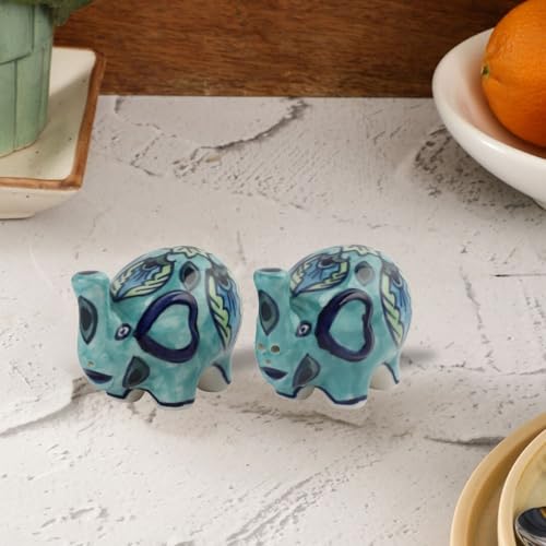 Image of VarEesha Vrinda Green Ceramic Elephant Salt n Pepper Shakers Set for Dining Table Used as Namak Dhani, Shaker, Sprinkler for Home, Kitchen and Restaurant