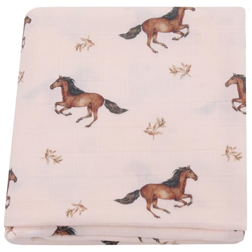 Image of LifeTree Baby Swaddle Blankets, Muslin Swaddle Blankets Boys Girls Swaddling Wrap Receiving Blanket for Newborn, 70% Viscose Bamboo and 30% Cotton, Large 47 inch x 47 inch, Horse Pattern