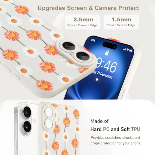 Image of Designed for iPhone 16 Plus Case, Cute Daisy Flower Floral Pattern Design, Slim Soft TPU Liquid Silicone Protective Cover for Women Girls - White