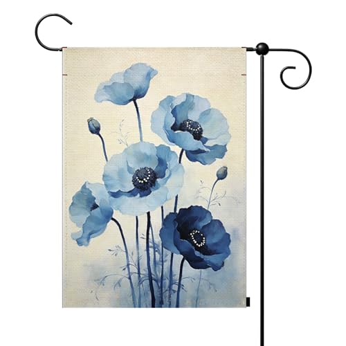 Mdulftar Blue Poppy Flower Garden Flag 12.5x18 Inch Double Sided, Watercolor Floral Yard Decor for Patio Lawn Home Outdoor