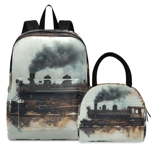 Vintage Train Print Backpack Set with Lunch Bag, Large Capacity Travel Backpacks and Lunch Box Insulated for Commute Hiking Picnic